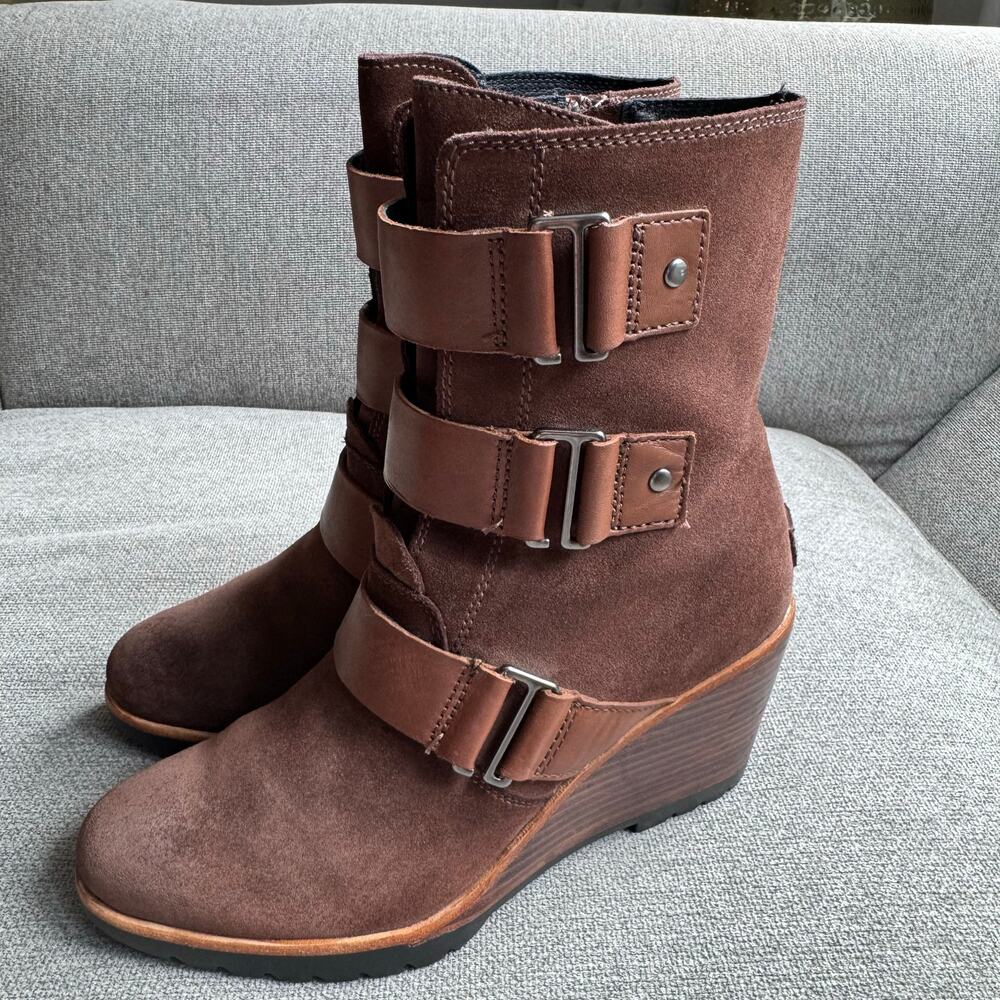 Sorel Womens After Hours Suede Wedge Booties Size 8.5 Brown Ankle Leather Straps